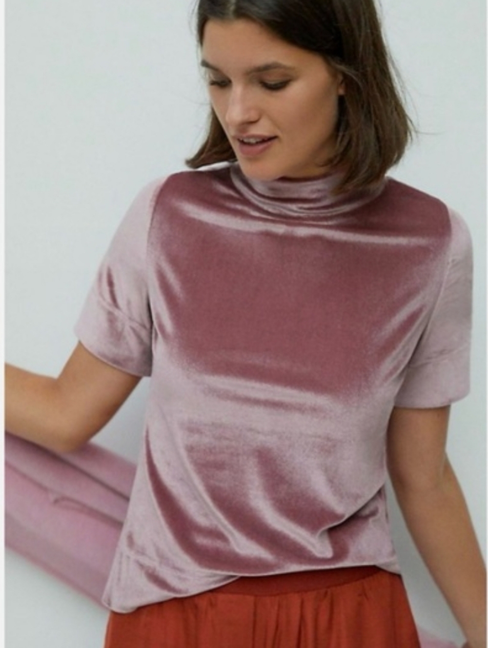 Anthropologie Krishna Velvet Mock Neck Top Pink